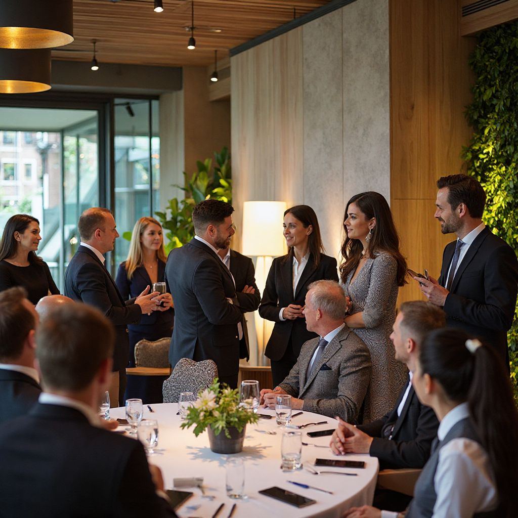 Client success celebration event with business leaders networking in elegant modern venue